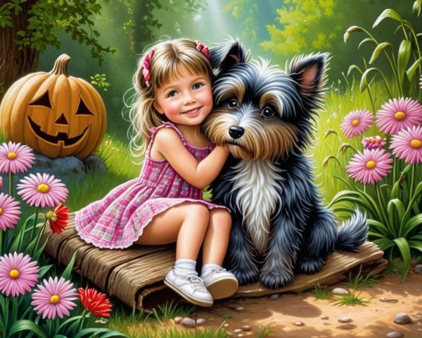 Young girl and dog in a vibrant autumn garden