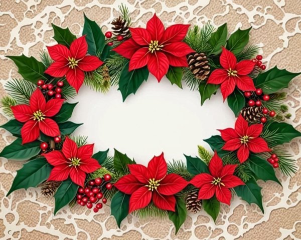 Close-up of an ornate holiday wreath with poinsettias