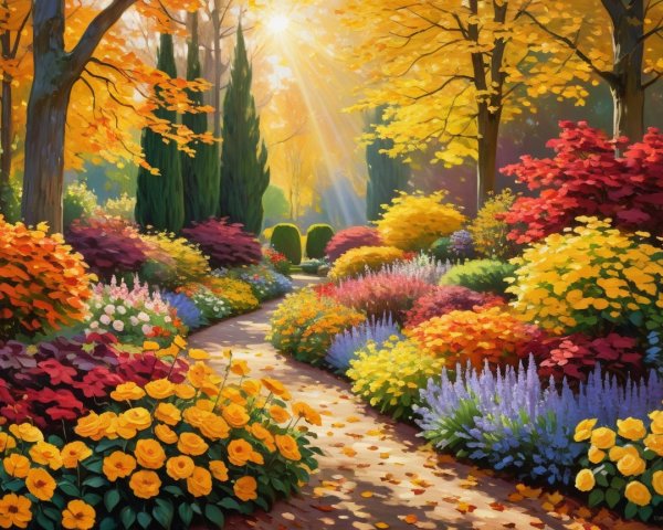 Vibrant Autumn Garden with Colorful Flowers and Trees