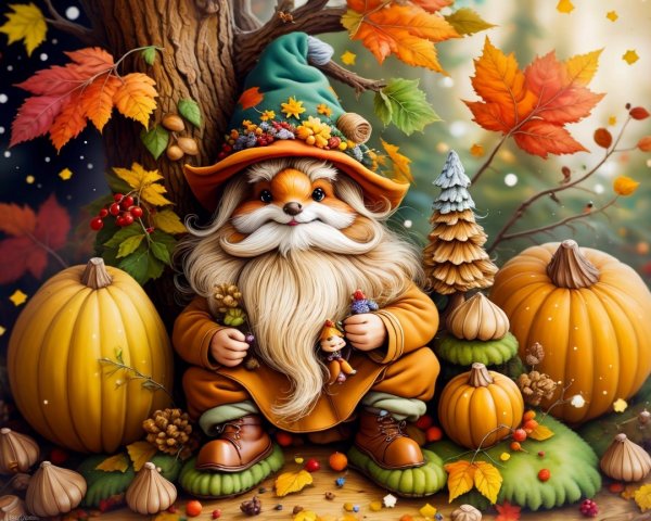Whimsical Gnome Surrounded by Autumn Elements