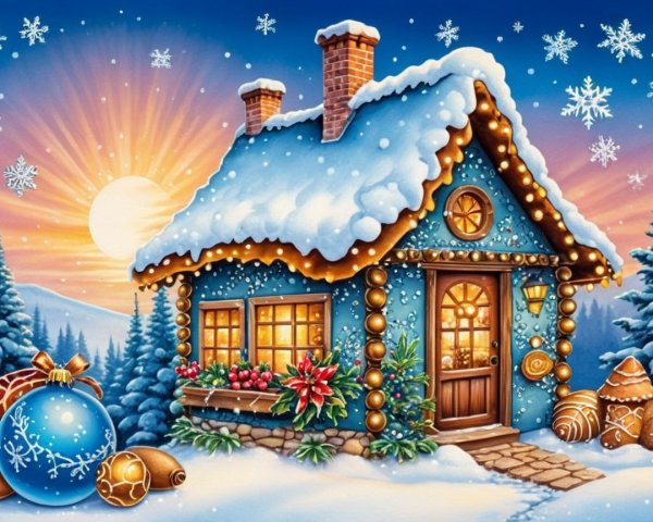 Winter Cottage with Snow and Holiday Decorations