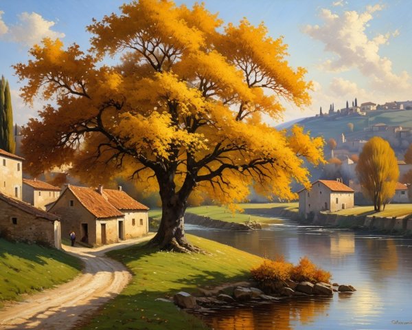Picturesque Autumn Landscape with River and Stone Houses