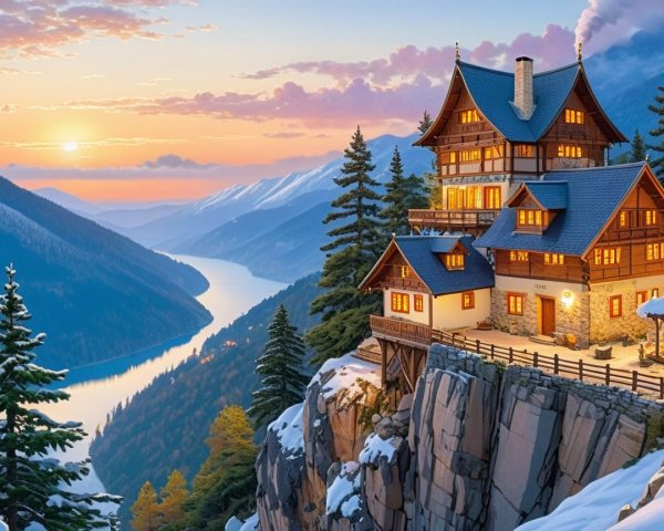 Dramatic Sunset Over Mountain Lodge and River Valley
