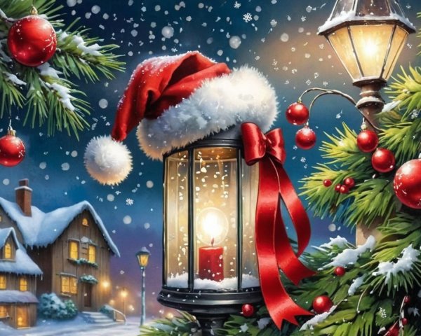 Festive Lantern and Snowy Winter Night Scene