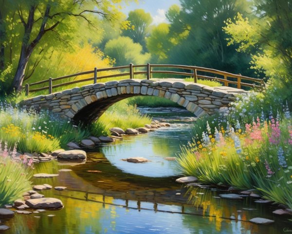 Serene Landscape with Stone Bridge and Gentle Stream