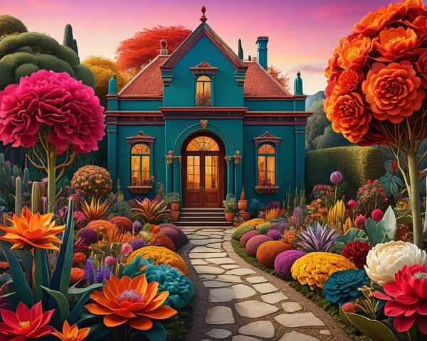 Teal Cottage Surrounded by Vibrant Flower Garden