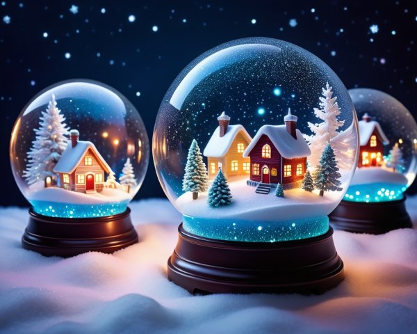 Snow Globes with Cozy Cottages and Winter Scene