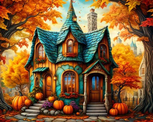 Whimsical Cottage Surrounded by Autumn Foliage