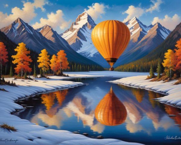 Orange Hot Air Balloon Over Calm River Scene