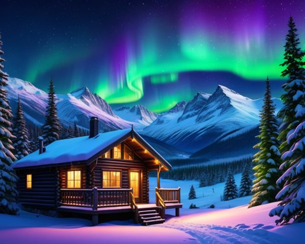 Cozy Log Cabin in a Winter Wonderland with Auroras