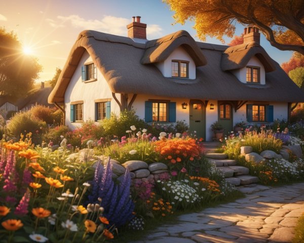 Thatched-Roof Cottage Surrounded by Colorful Garden
