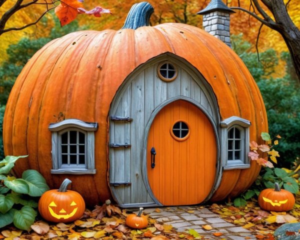 Whimsical Pumpkin-Shaped House in Autumn Foliage