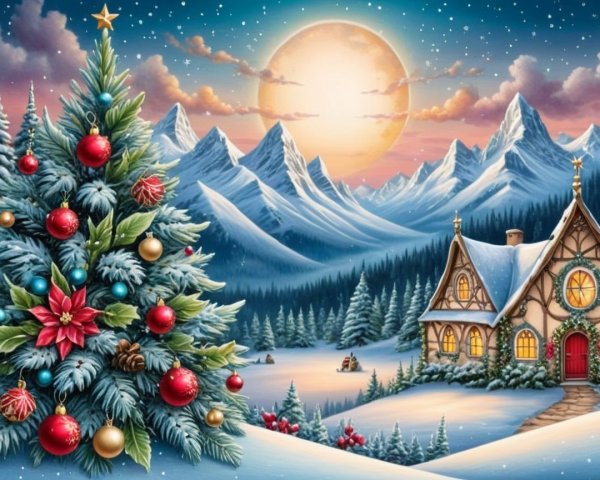 Winter Cottage Scene with Snowy Mountains and Moonlight