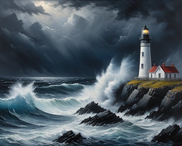 Dramatic Seascape with Lighthouse and Stormy Clouds