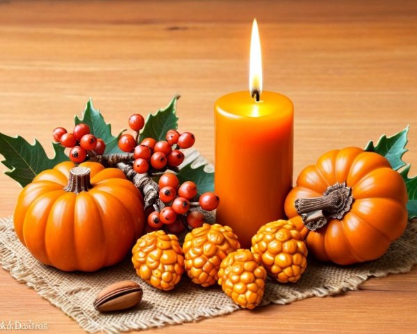 Warm Autumn Display with Candle and Pumpkins
