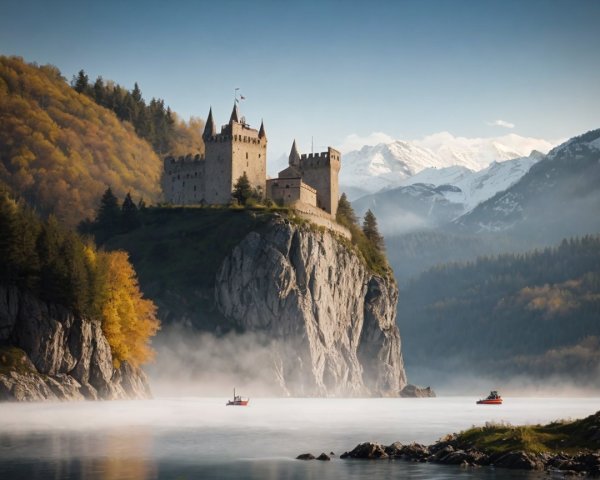 Castle on Cliff Surrounded by Autumn Forests and Water