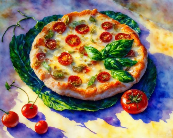 Vibrant Watercolor of Freshly Baked Pizza with Toppings