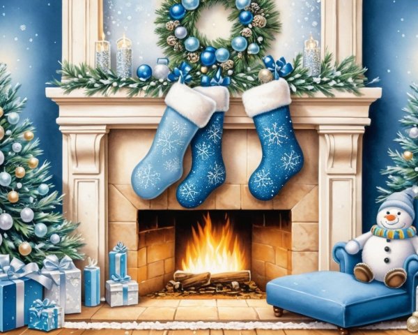 Festive Fireplace with Snowflake Stockings and Trees