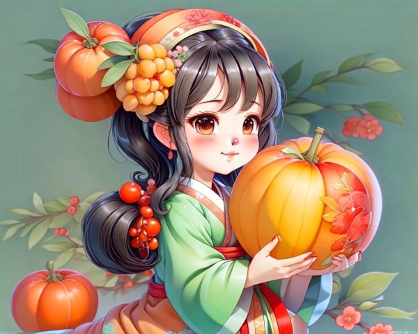 Young girl in traditional outfit with vibrant pumpkin