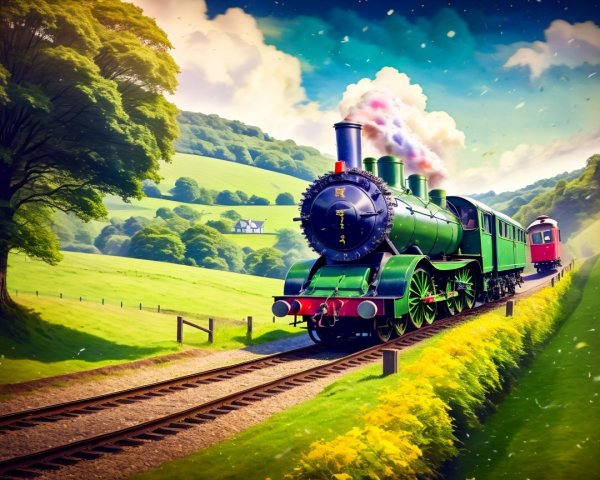 Classic Steam Train in Scenic Countryside Setting
