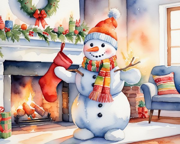 Cheerful Snowman in Cozy Holiday Living Room