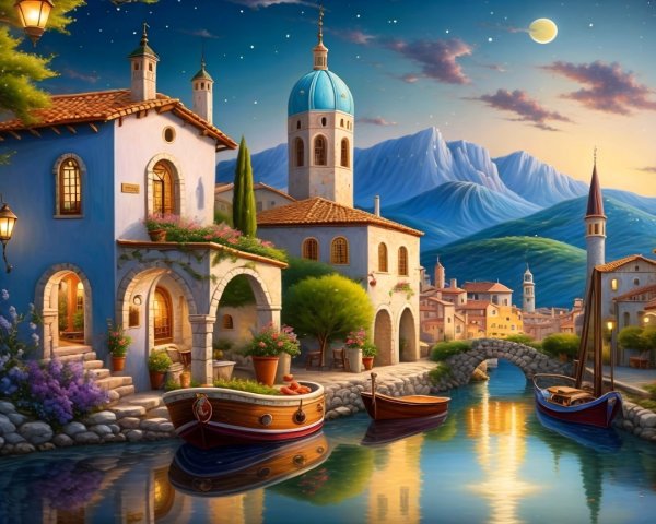 Mediterranean Buildings by Canal Under Twilight Sky