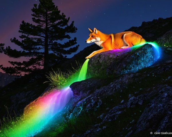 Fox on Rocky Outcrop Under Rainbow Light and Stars