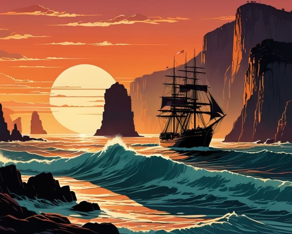 Sailing Ship in Vibrant Waters at Sunset