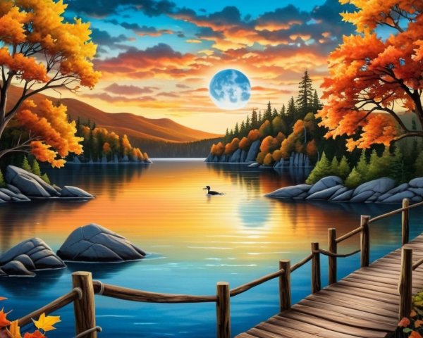 Tranquil Lakeside Scene with Autumn Foliage at Dusk