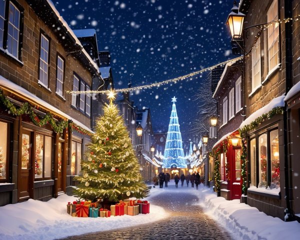 Winter Street Scene with Festive Decorations and Snow
