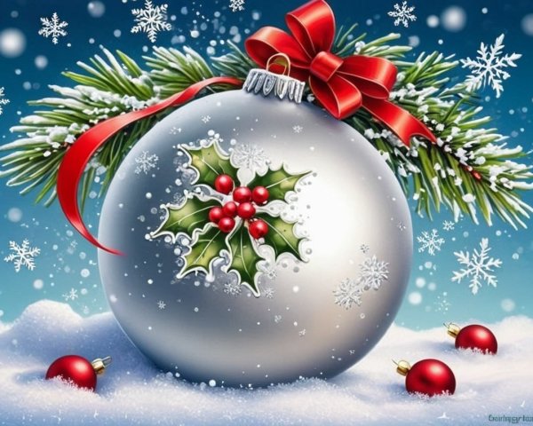 Christmas Scene with Silver Ornament in Snow