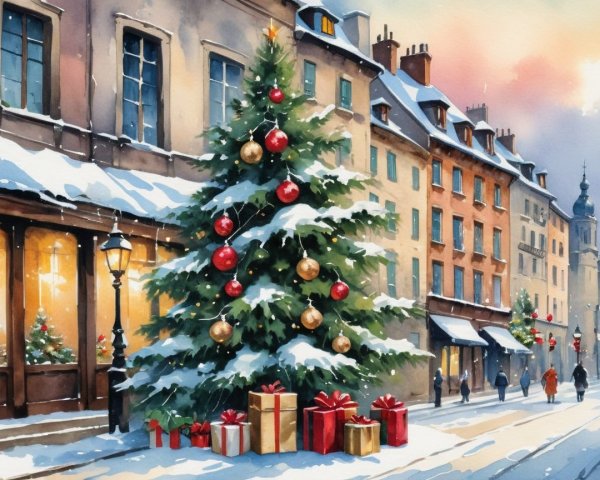 Winter Street Scene with Christmas Tree and Snowfall