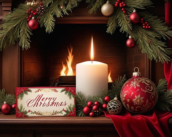 Christmas Mantelpiece with Candle and Ornaments