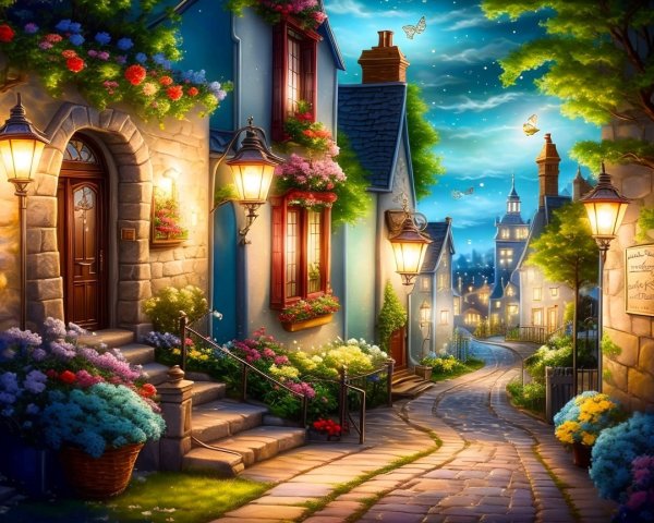 Charming Cobblestone Street at Dusk with Lamplight