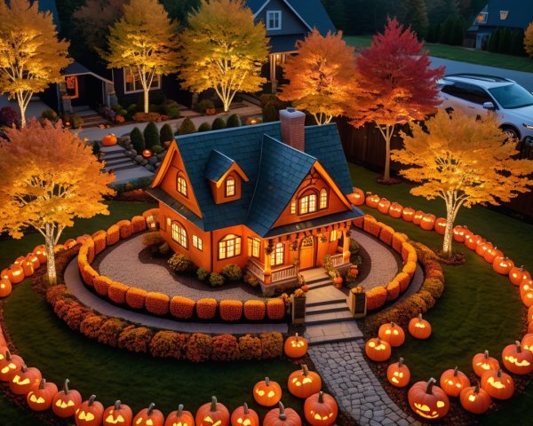Charming House Surrounded by Autumn Trees and Pumpkins