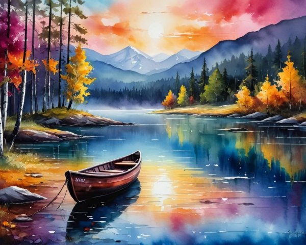 Autumn Landscape with Tranquil Lake and Mountains