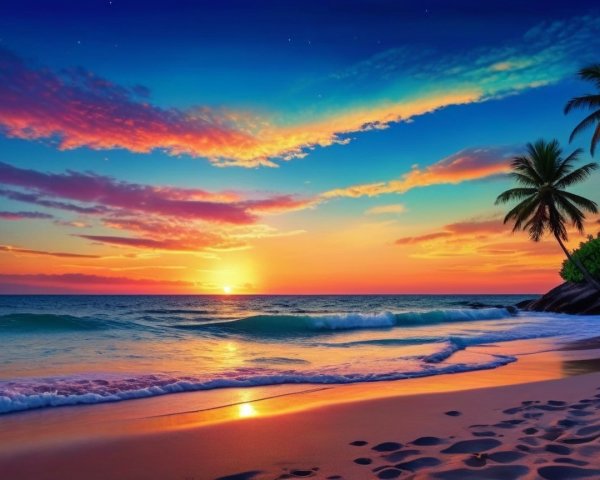 Serene Beach Sunset with Vibrant Sky Colors
