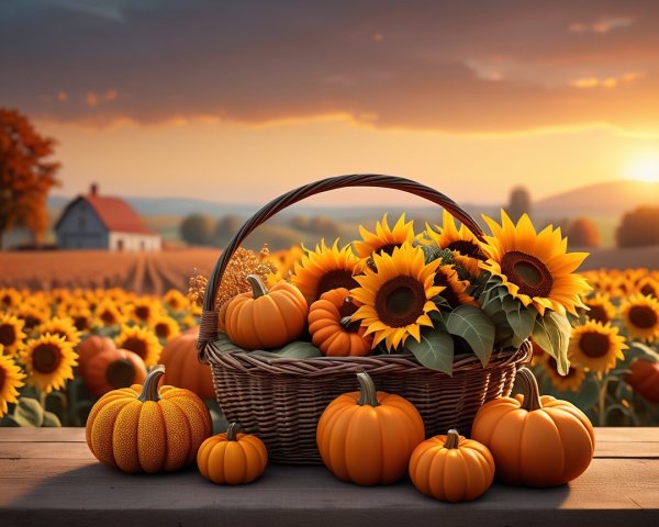 Rustic Basket with Sunflowers and Pumpkins at Sunset