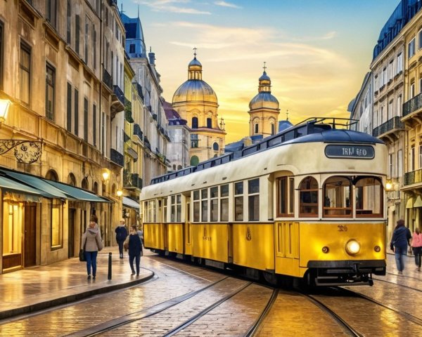 Vintage Yellow Tram on Cobblestone Street at Sunset