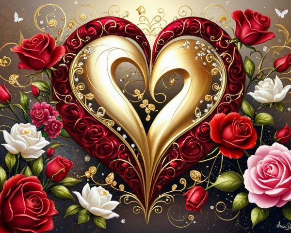 Golden Heart Surrounded by Red and White Roses