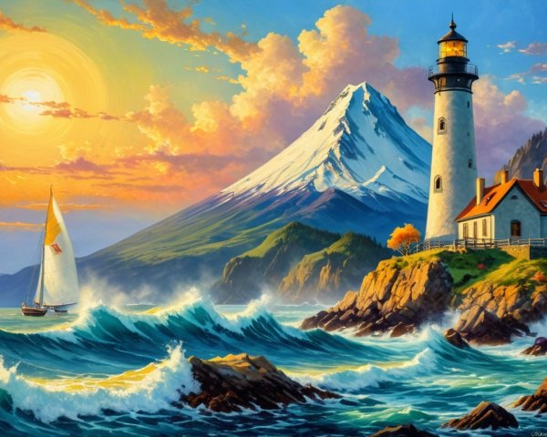 Coastal Scene with Lighthouse, Cottage, and Sunset