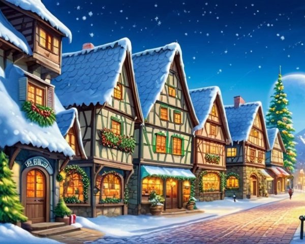 Snow-Covered Christmas Village Scene at Night