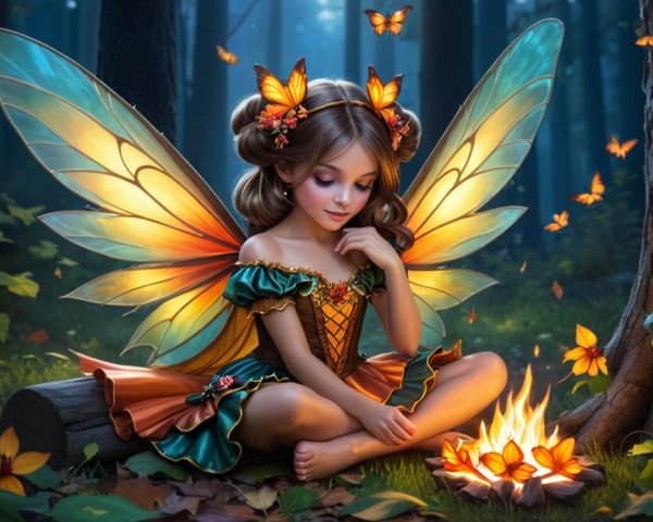 Fairy with Translucent Wings in Magical Forest Scene