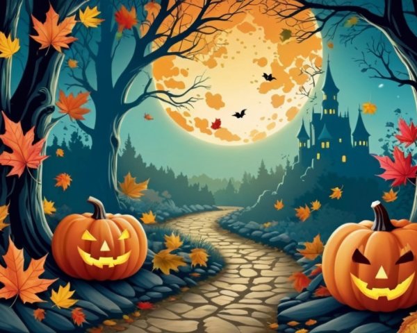 Halloween Scene with Castle, Moon, and Jack-o'-Lanterns