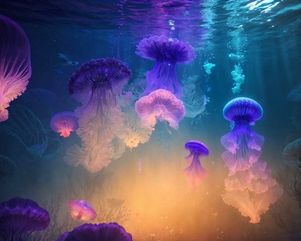 Underwater Scene of Luminous Jellyfish in Deep Blue Ocean
