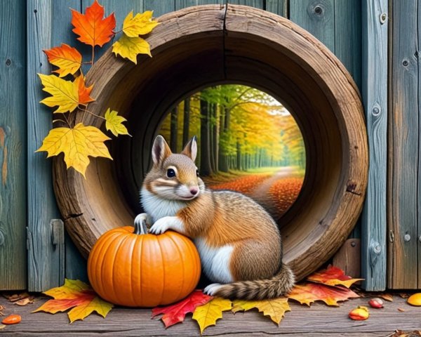 Squirrel on Pumpkin Amidst Autumn Leaves and Forest Path
