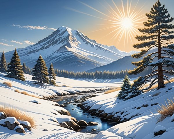Alpine Winter Landscape at Sunrise with River and Trees
