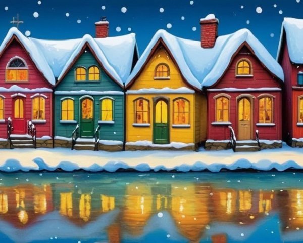 Colorful Houses with Snow and Reflections on Water