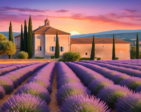 Sunset over Lavender Fields and Rustic Farmhouse