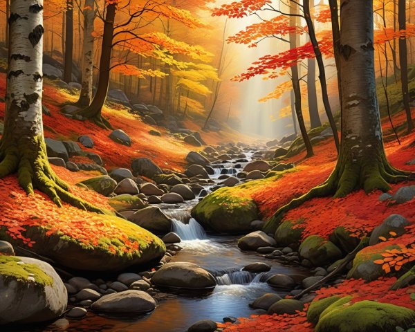 Autumn Forest Scene with Vibrant Foliage and Stream